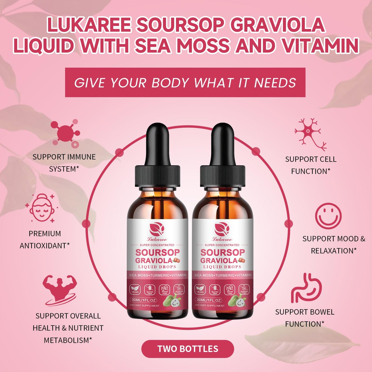 (2 Pack)Whole Soursop Graviola Leaf Extract Liquid Drop with Irish Sea Moss | Herbal Soursop Bitters Liquid for Cell Support & Regeneration, Immunity and Gut Health丨Vegan, Non-GMO, Natural Flavor,1 Fl Oz