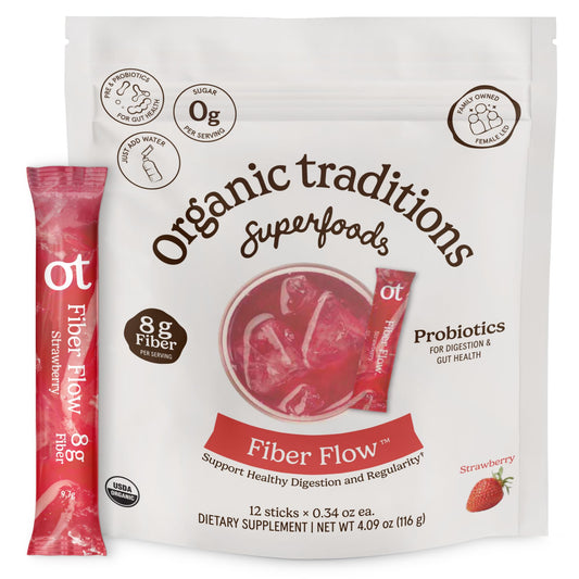 Organic Traditions Fiber Flow Variety Pack, Daily Fiber Supplement Sticks with Acacia, Chicory Root Inulin, One Billion CFU Probiotics, Mixed Flavors Strawberry Yuzu Lime Unflavoured, 12 Count