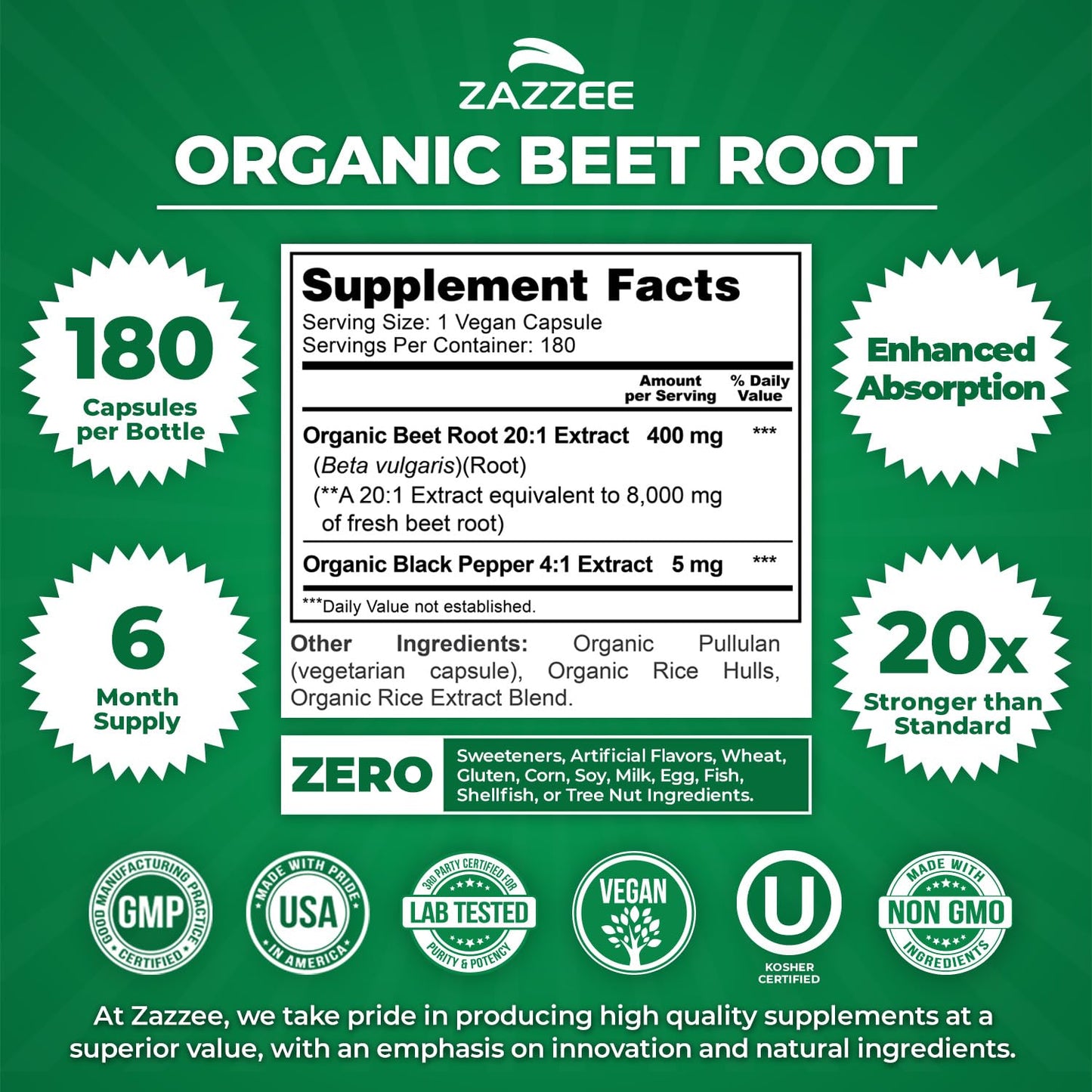 Zazzee USDA Organic Beet Root 20:1 Extract, 120 Vegan Quick Release Capsules, 4 Month Supply, Nitric Oxide Support, Black Pepper Extract for Enhanced Absorption, Certified Kosher, Non-GMO, Made in USA