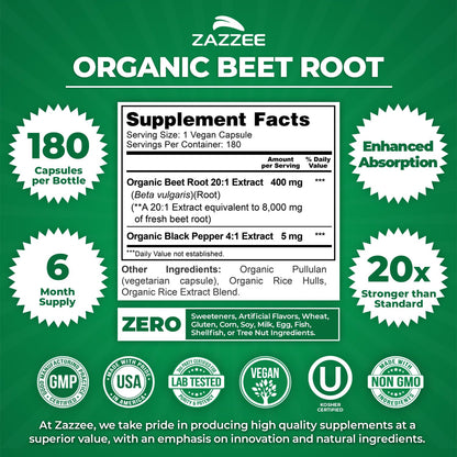 Zazzee USDA Organic Beet Root 20:1 Extract, 120 Vegan Quick Release Capsules, 4 Month Supply, Nitric Oxide Support, Black Pepper Extract for Enhanced Absorption, Certified Kosher, Non-GMO, Made in USA