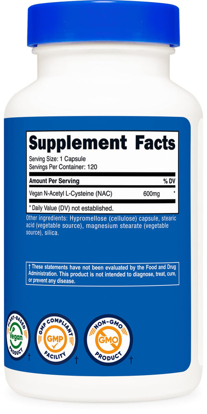 Nutricost N-Acetyl L-Cysteine (NAC) 600mg, 180 Capsules | GMO-Free And Gluten Free