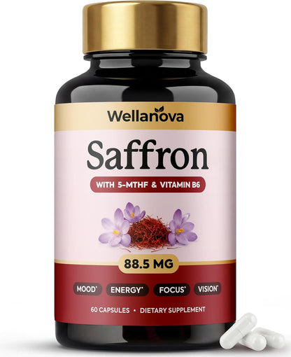 Saffron Supplements – 88.5 mg – 100% Pure Extract with Methylated Folate | Methylated Folate 5-MTHF & Vitamin B6, Mood, Focus, Vision & Energy Support, 60 Capsules