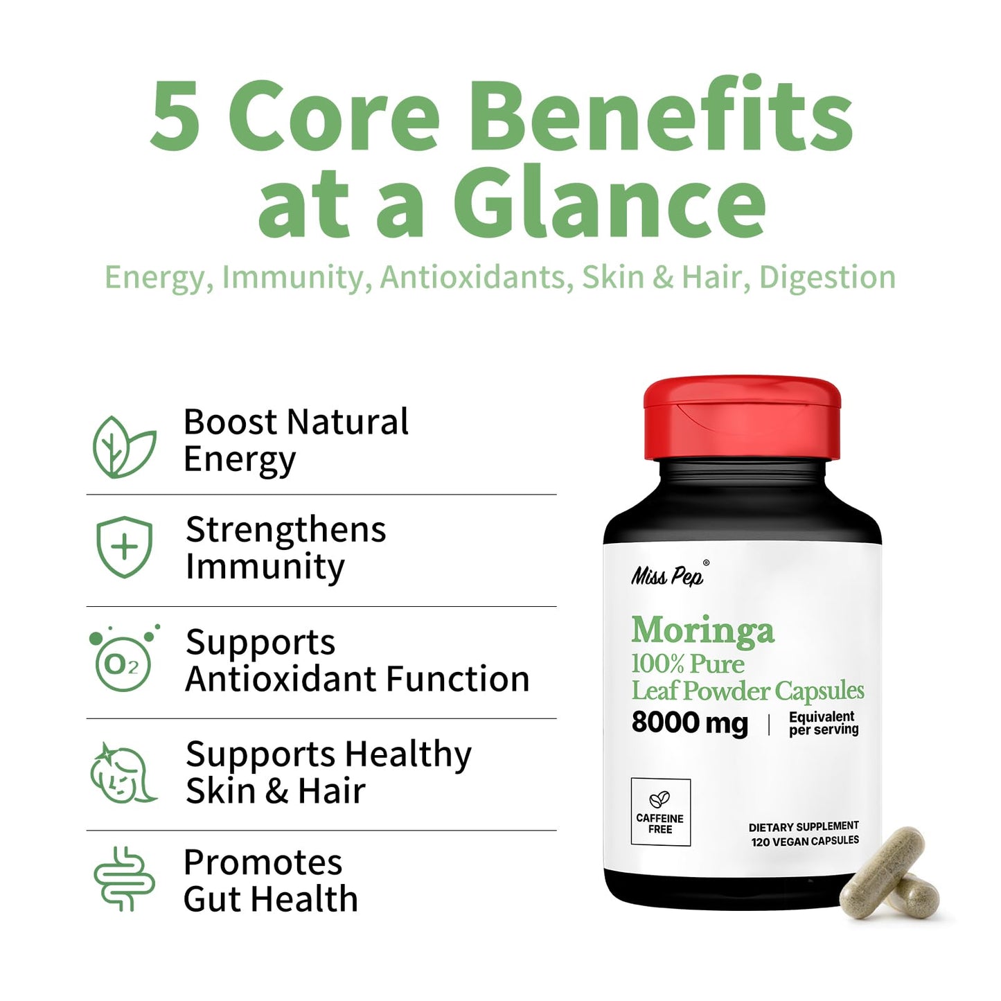 Moringa Capsules 800 mg Moringa 10:1 Extract – Vegan, Non-GMO, Gluten Free Superfood Supplement for Energy & Immune Health – 120 Capsules (1 Bottle)