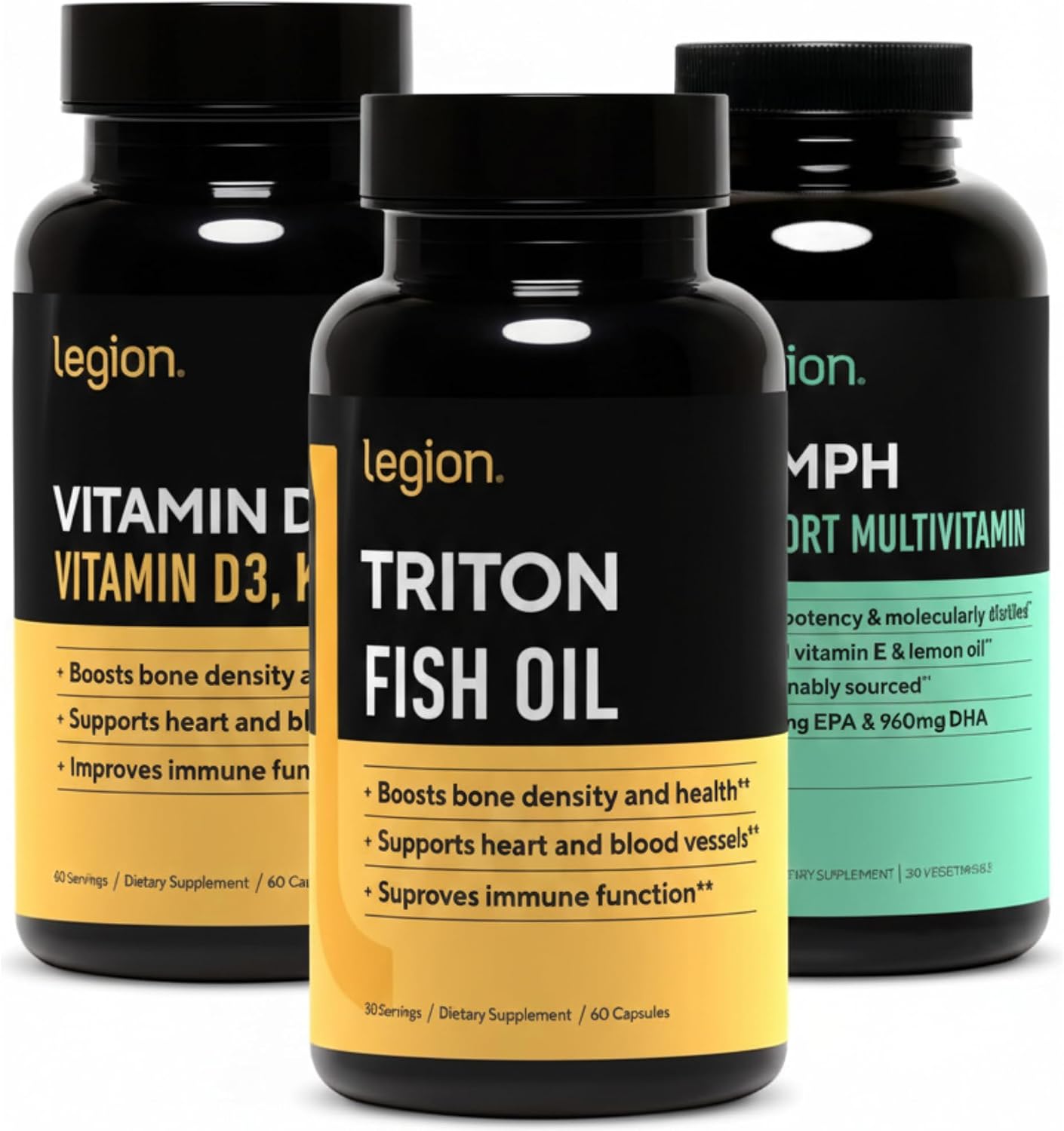 LEGION Complete Health Bundle – Triumph Multivitamin for Men + Triton Triple Strength Fish Oil + Vitamin D3 K2 Supplement – Daily Wellness Stack for Energy, Heart, Bone & Immune Support