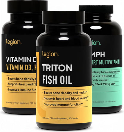 LEGION Complete Health Bundle – Triumph Multivitamin for Men + Triton Triple Strength Fish Oil + Vitamin D3 K2 Supplement – Daily Wellness Stack for Energy, Heart, Bone & Immune Support