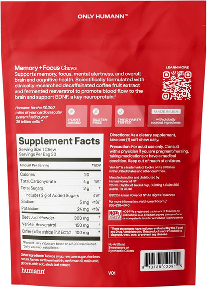 HumanN Memory and Focus Chews, Brain Supplement for Mental Alertness with Beet Root Powder, Clinically Studied Nootropics, Resveratrol Plus Beet Root Powder, Blueberry Pomegranate Flavor, 30 Count
