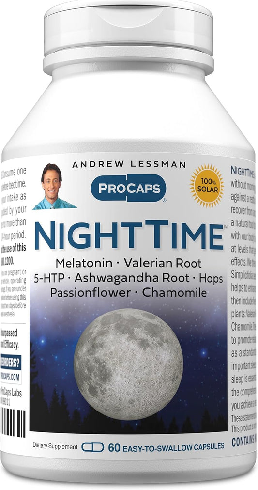 Andrew Lessman ProCaps Night Time Sleep Support 3mg Melatonin 60 Capsules | 3mg Melatonin with 5-HTP, Ashwagandha & five calming botanicals. Designed for restful sleep without morning grogginess.