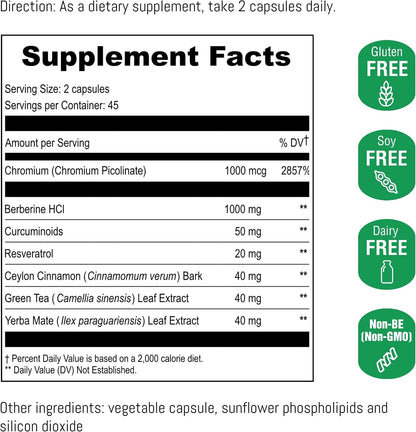 UpNourish Liposomal Berberine Supplement - Advanced Berberine HCl 1000mg Plus Ceylon Cinnamon, Chromium Picolinate, Curcuminoids, Resveratrol, Green Tea and Yerba Mate - 90 Vegan Capsules