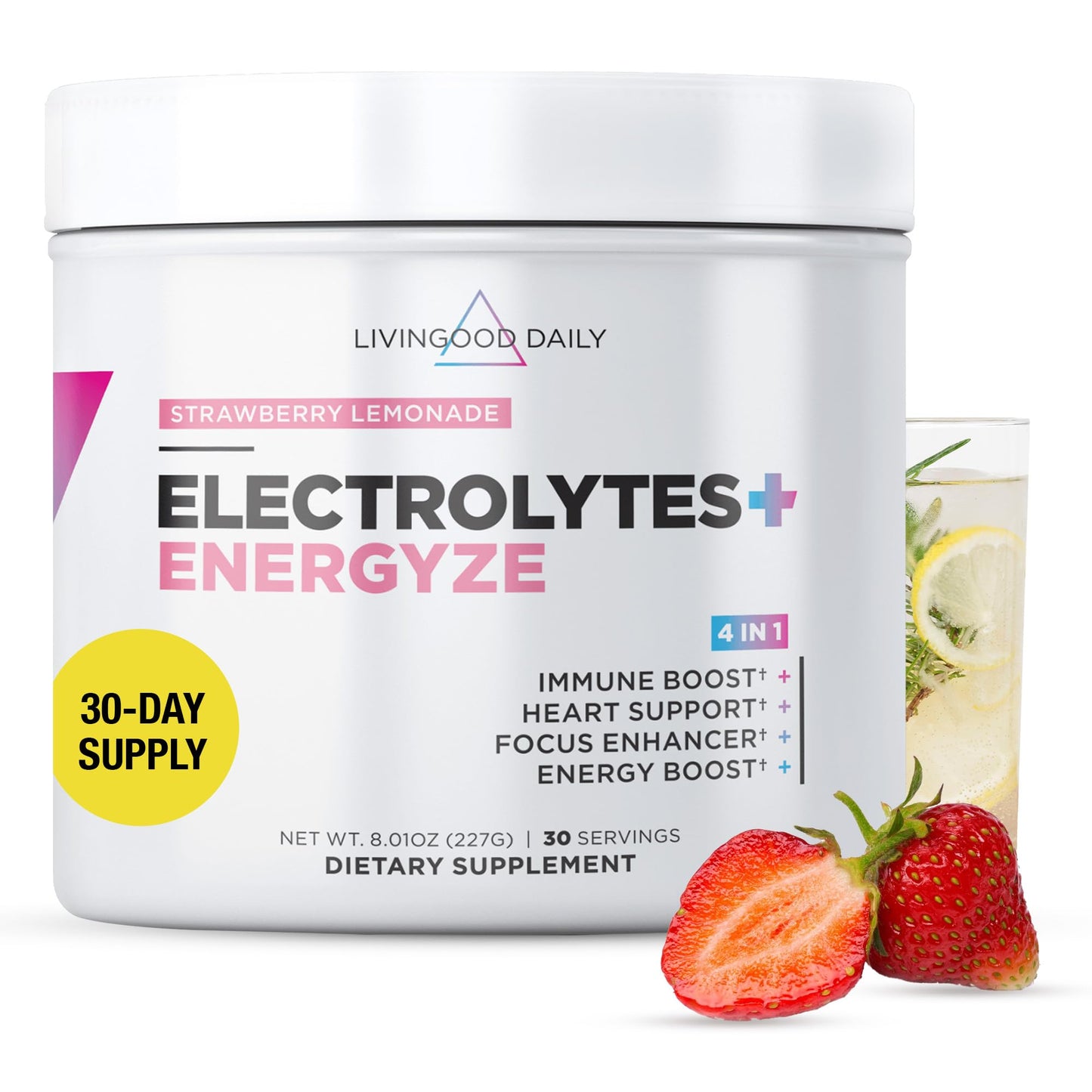 Livingood Daily Electrolytes Powder Strawberry Lemonade, 30 Servings - 4in1 Hydration Powder with Vitamin C, Taurine, D Ribose & FOS, Sugar Free Electrolyte Drink Mix, Keto, Gluten Free - Made in USA