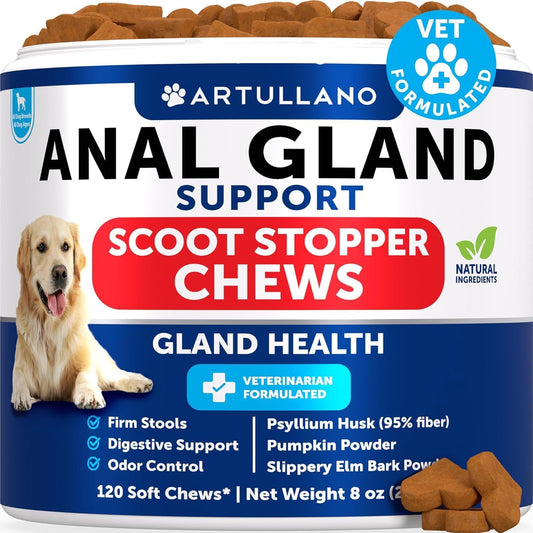 Anal Gland Support Chews for Dogs - Bye Scoot - Fiber Blend with Pumpkin, Psyllium, Slippery Elm, Digestive Enzyme