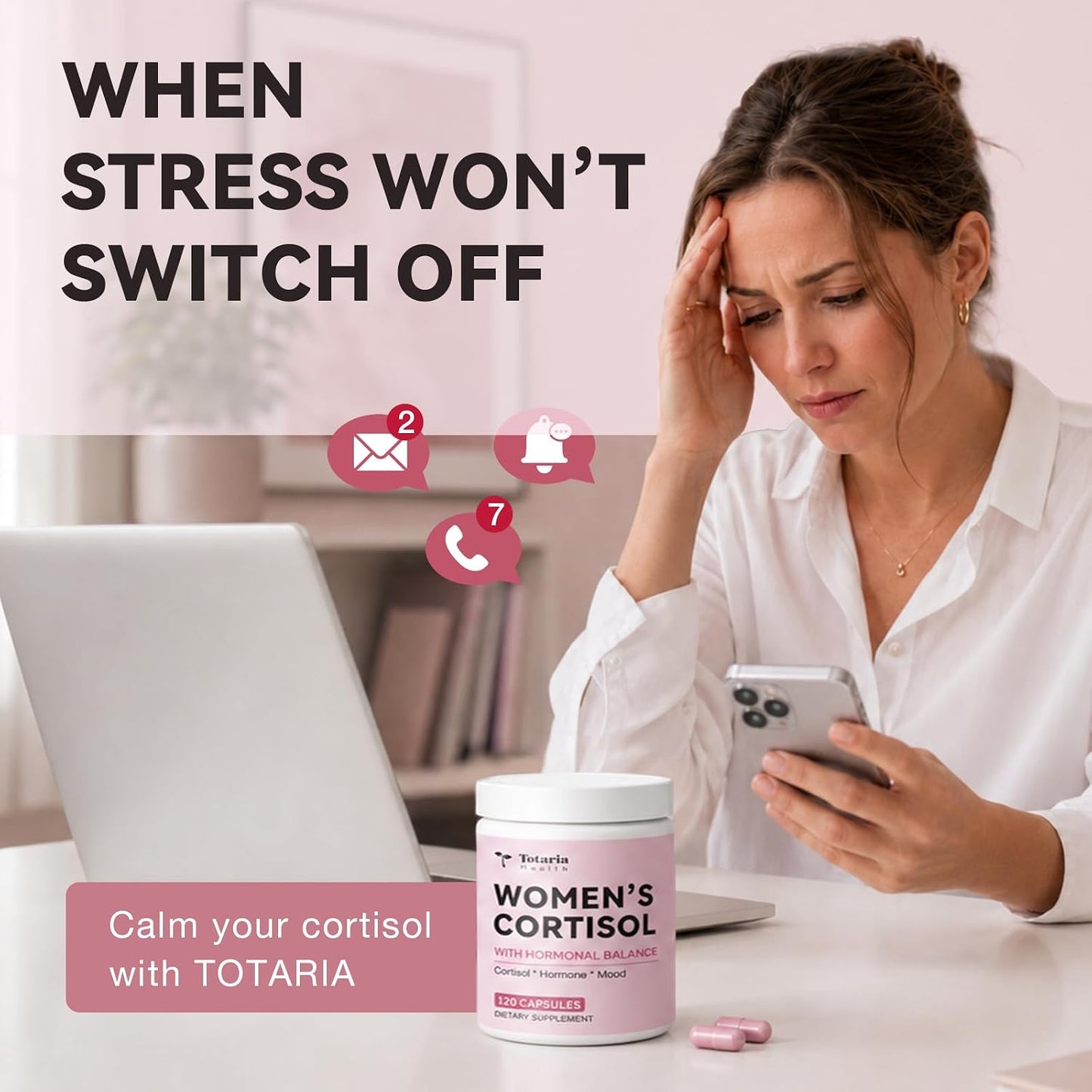 Totaria Women's Cortisol with Hormonal Balance | Stress Relief - Ashwagandha, L-Theanine, Magnesium, Myo-Inositol, Mood, Focus & Sleep Support, PMS* 120 Ct.