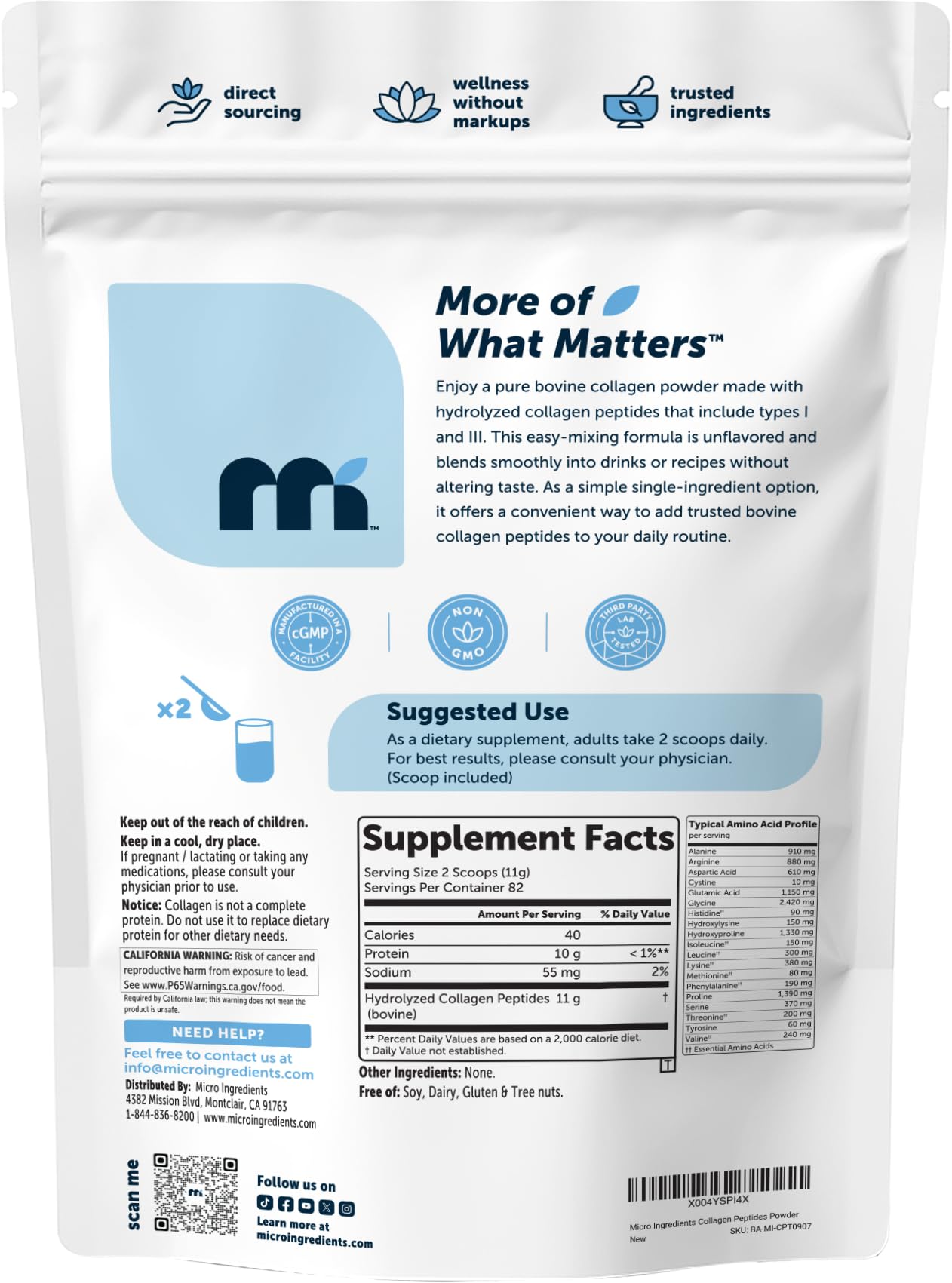 Micro Ingredients Hydrolyzed Collagen Peptides Powder, 1 lb | Type I & III Collagen for Women & Men | Unflavored Bovine Collagen Protein | Easy Dissolve, Paleo, Non-GMO
