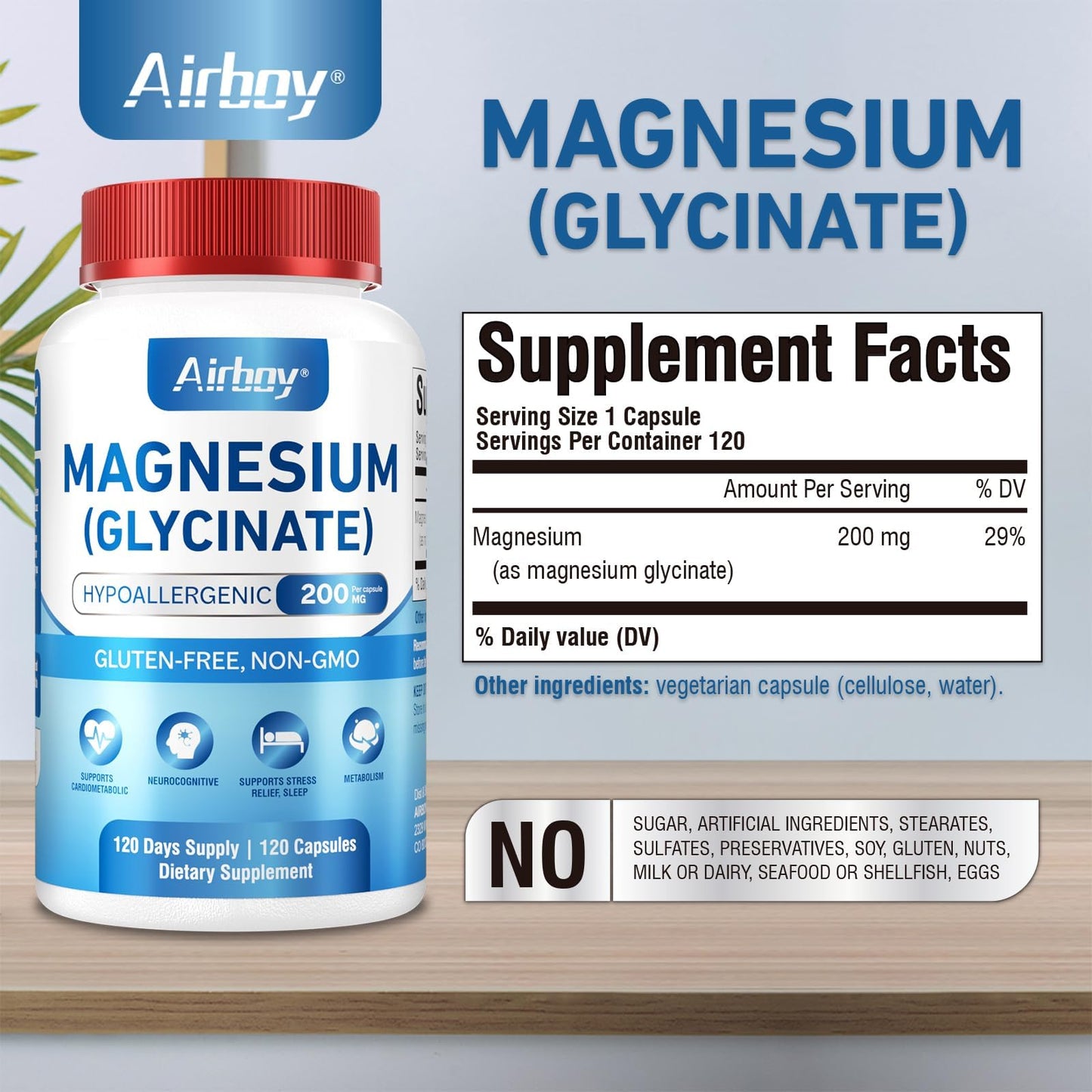 Airboy Magnesium Glycinate 200 mg, Best Magnesium Glycinate for Sleep,120 Vegan Small Capsules, High Absorption Support Relaxation, Sleep and Calm Mood,Non-GMO and No Gluten