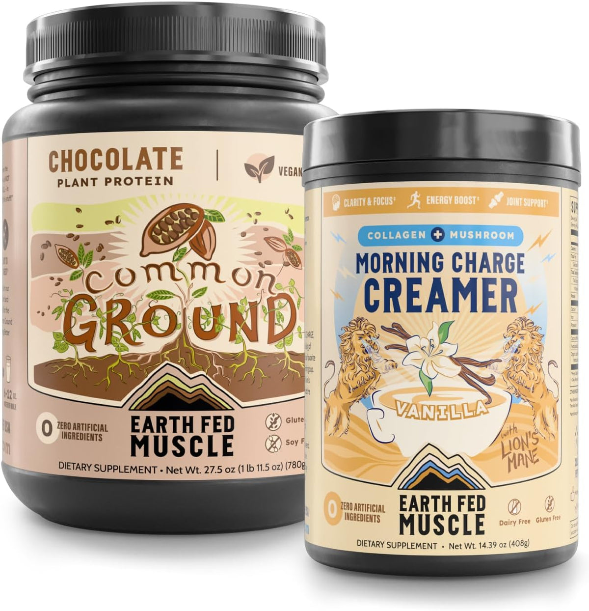 Earth Fed Muscle Power & Focus Bundle – Chocolate Plant-Based Protein Powder + Coffee Creamer with Collagen & Lion’s Mane – Clean Energy, Mental Clarity, Hair & Joint Support – Dairy-Free, Glute