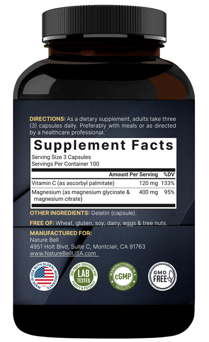 Magnesium Complex 400mg, 300 Capsules | Glycinate, Citrate | Chelated & Purified | Bone, Heart & Digestion Support | Non-GMO