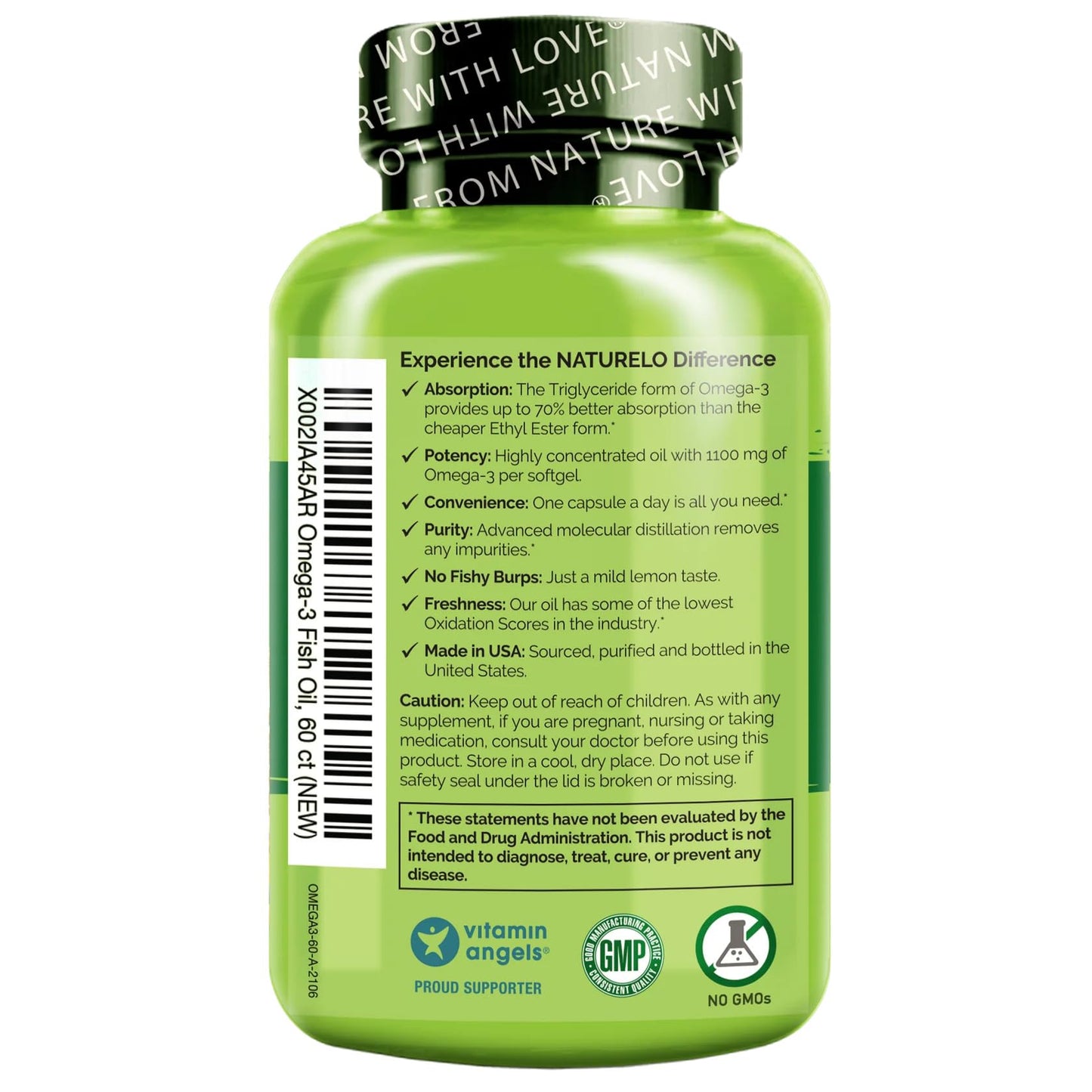 NATURELO Burpless Omega 3 Fish Oil Supplement - 1100mg Triglyceride Omega-3, EPA + DHA, Liquid Fish Oil for Heart, Eye, Brain, Joint Health - 120 Softgels, 4 Months Supply