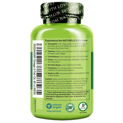 NATURELO Burpless Omega 3 Fish Oil Supplement - 1100mg Triglyceride Omega-3, EPA + DHA, Liquid Fish Oil for Heart, Eye, Brain, Joint Health - 120 Softgels, 4 Months Supply