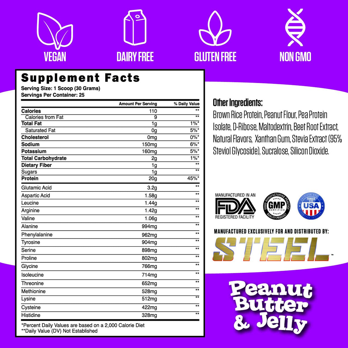 Steel Supplements Veg-PRO | Vegan Protein Powder, Peanut Butter & Jelly | 25 Servings