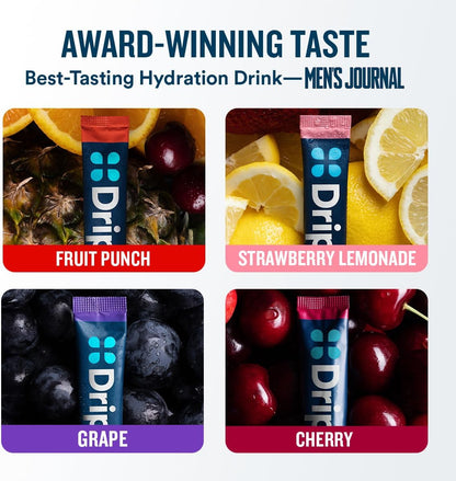 DripDrop Hydration Bold & Juicy Variety Bundle Electrolyte Packets, 32 Ct | Grape, Fruit Punch, Strawberry Lemonade, Cherry, Watermelon, Berry, Lemon, Orange; Single Serve Powder Drink Mix