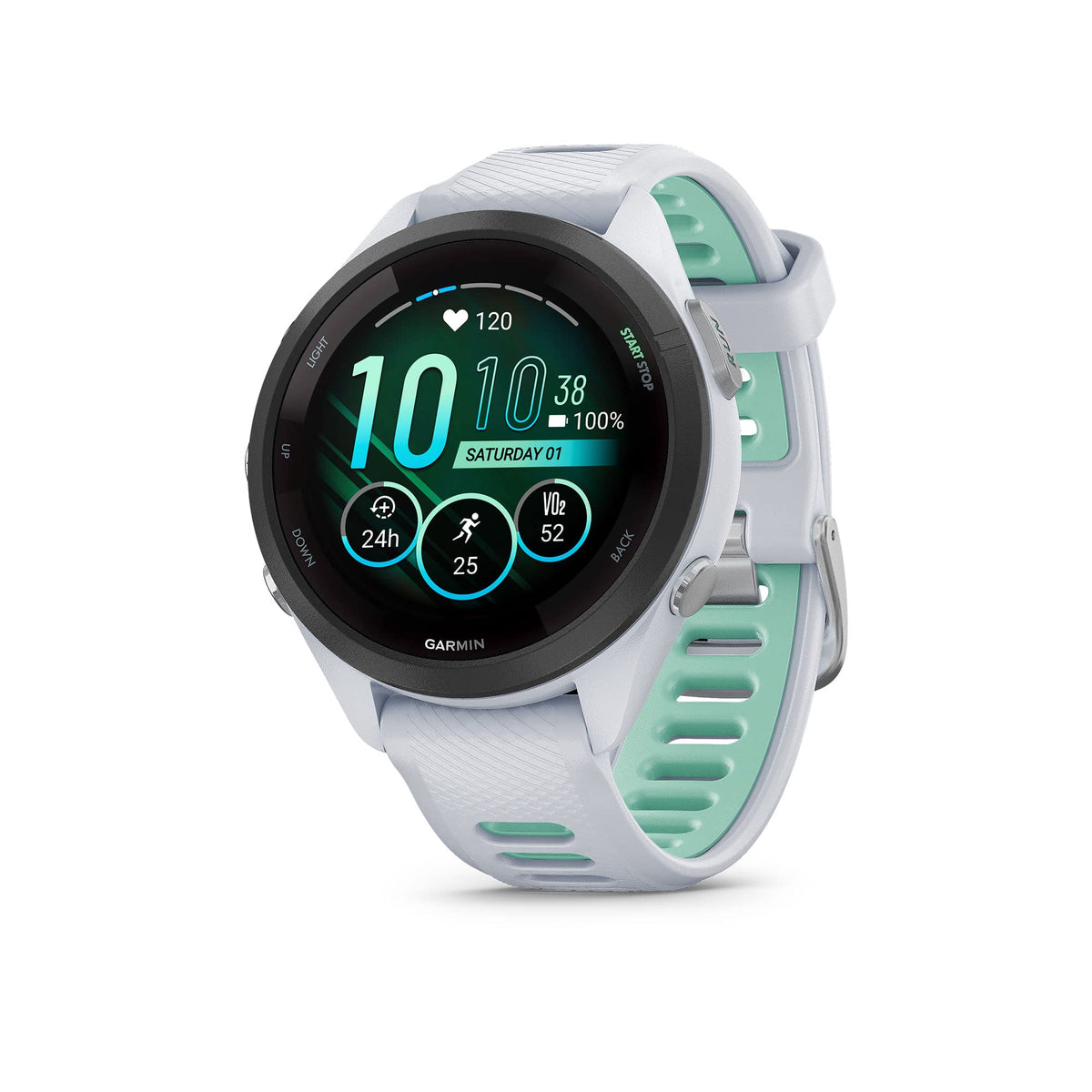 Garmin Forerunner® 265S, Running Smartwatch, 42mm, Whitestone/Neo Tropic