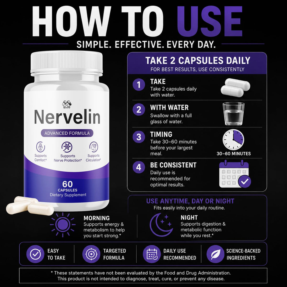 Nervelin Capsules, All Natural Nerve Supplement Pills 1-Pack, 60 Capsules