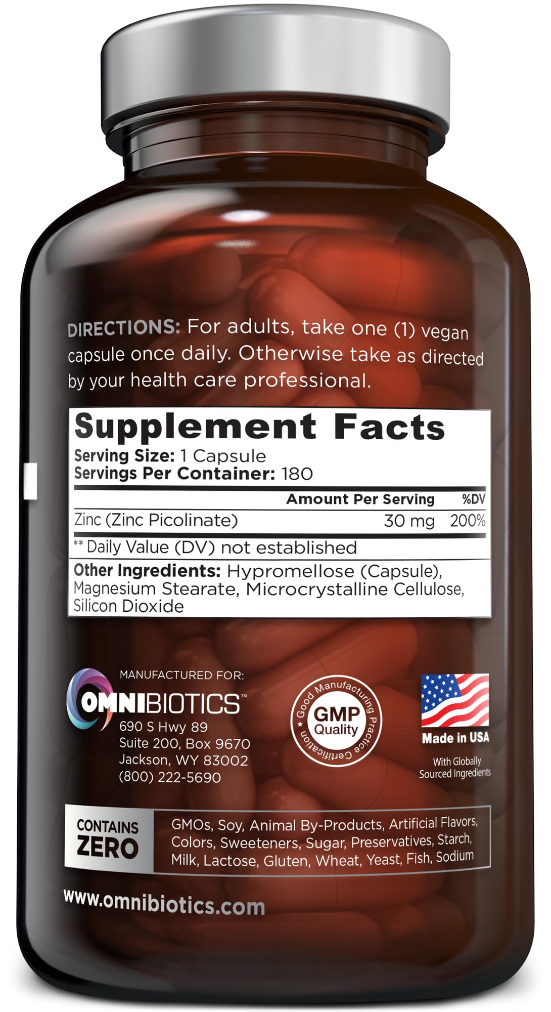 OmniBiotics Zinc Picolinate 30mg Supplement – High Absorption Zinc for Immune System, Healthy Skin, and Energy Support – 180 Vegan Capsules