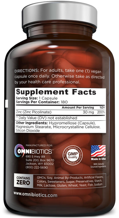 OmniBiotics Zinc Picolinate 30mg Supplement – High Absorption Zinc for Immune System, Healthy Skin, and Energy Support – 180 Vegan Capsules
