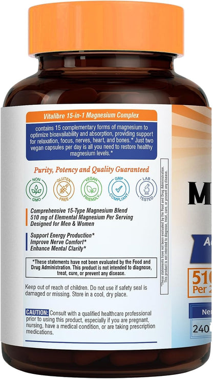 Vitalibre 15 in 1 Magnesium Complex for Women & Men 510mg, 240 Capsules | Maximum Absorption Glycinate, Malate, Taurate, Citrate and More for Bones, Heart, Recovery, Energy | Non-GMO