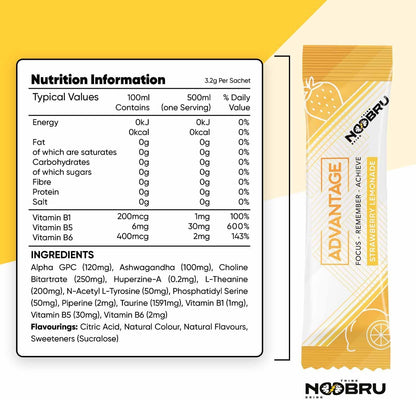 Noobru Аdvantage Nootropic - Delicious Nootropics Brain Supplement with 11 Active Ingredients - Natural Cognitive Enhancer - 20 Strawberry Lemonade Sachets - 1 Month Supply, 20 Count (Pack of 1)