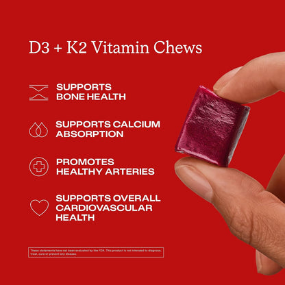 HumanN Vitamin D3 + K2 Chews - High Potency Vitamin D 5000iu (125mcg) Helps Support Healthy Mood, Immunity, Cardiovascular, Respiratory Health & Bone Health, Mixed Berry Flavor, 30 Count