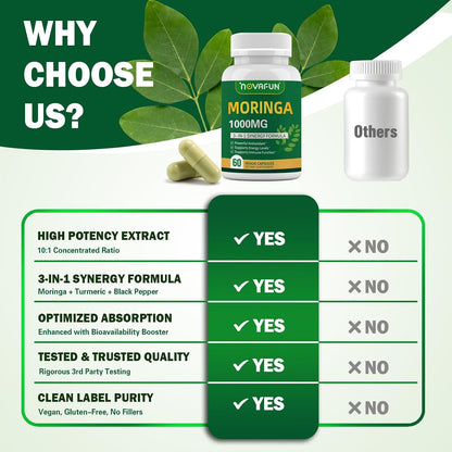 Organic Moringa Capsules 1000mg, 10:1 Leaf Extract Supplement with Turmeric & Black Pepper for Energy, Antioxidant, Immune Support, Vegan, 60 Capsules