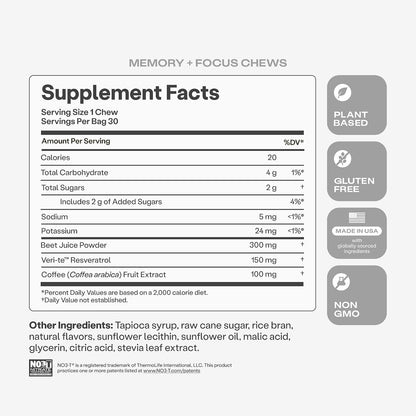HumanN Memory and Focus Chews, Brain Supplement for Mental Alertness with Beet Root Powder, Clinically Studied Nootropics, Resveratrol Plus Beet Root Powder, Blueberry Pomegranate Flavor, 30 Count