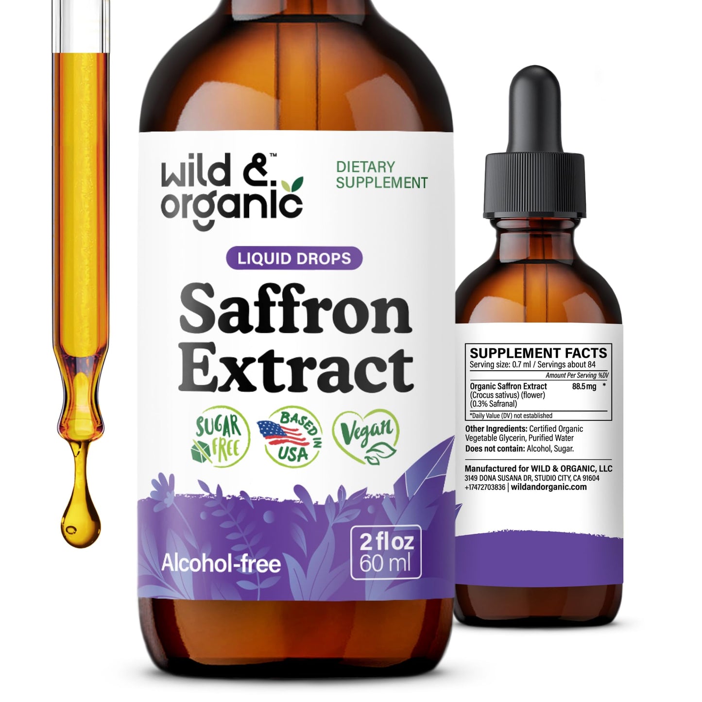 Wild & Organic Saffron Supplements 88.5 mg - Mood, Focus & Eye Support - Saffron Extract Liquid Drops - Add to Tea - 5-Month Supply - Crocus Sativus Herb - Vegan, Sugar & Alcohol-Free Tincture - 4 oz