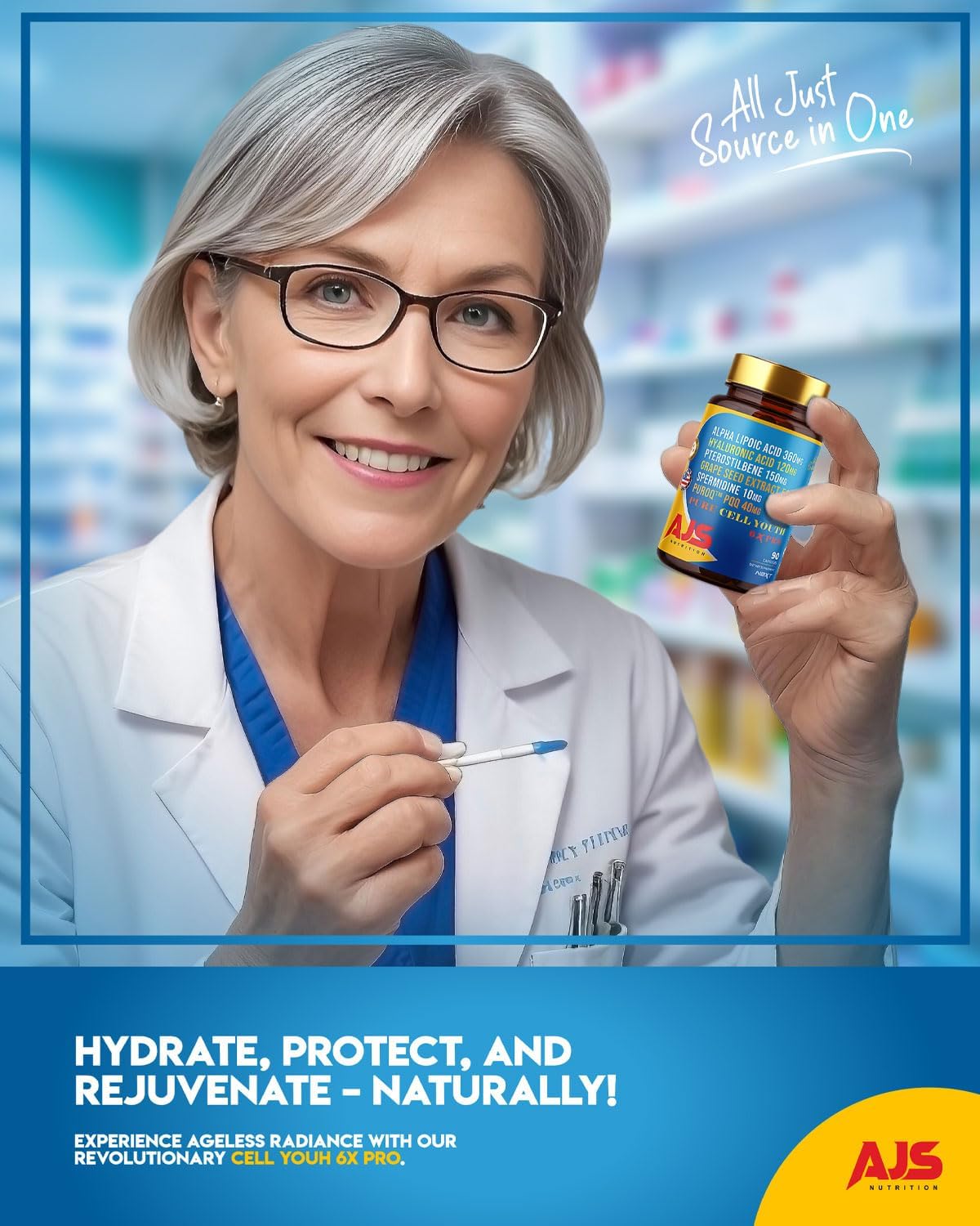 AJS Pure Cell Youth 6X PRO, PQQ, R-Lipoic Acid & Spermidine, 90 Capsules With Pterostilbene, Sodium Hyaluronate & Grape Seed Extract, Dietary Supplement