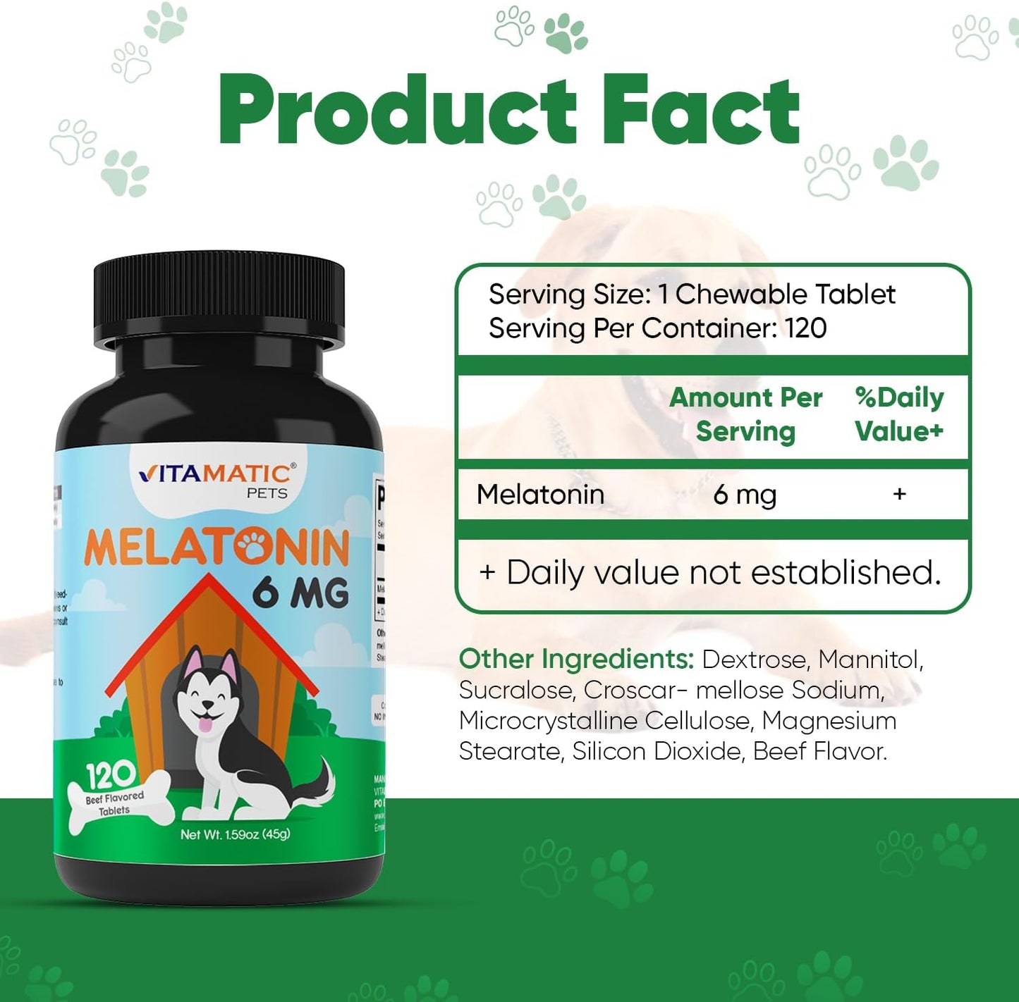 Vitamatic Pets Melatonin 6 mg Chewable Tablets for Dogs, 120 Count | Sleep Health Support*, Beef Flavored Tablet, Non-GMO, Gluten Free, Made in USA
