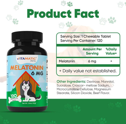 Vitamatic Pets Melatonin 6 mg Chewable Tablets for Dogs, 120 Count | Sleep Health Support*, Beef Flavored Tablet, Non-GMO, Gluten Free, Made in USA