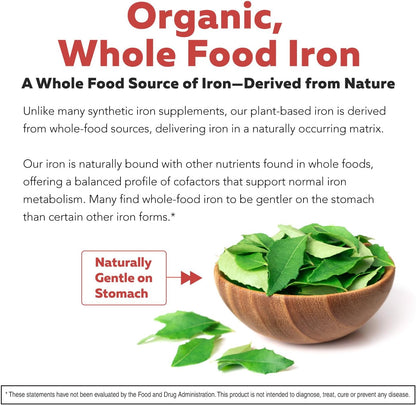 Organic Iron Supplement | Whole Food Mineral & Cofactors, 25 mg Elemental | Enhanced Absorption Plus Blood Health Vitamins – Gentle Form – Supports Healthy Levels & Blood Health – 90 Capsules