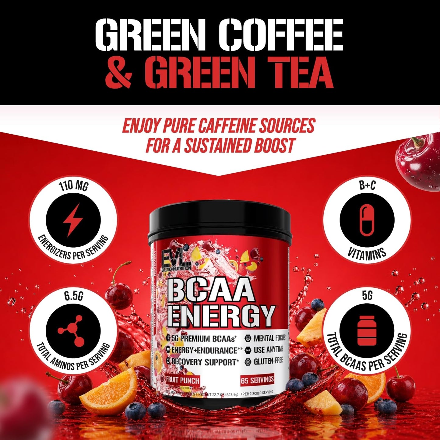 Evlution EVL BCAAs Amino Acids Powder - BCAA Energy Pre Workout Powder for Muscle Recovery Lean Growth and Endurance - Rehydrating Post Workout Recovery Drink with Natural Caffeine - Pink Lemonade