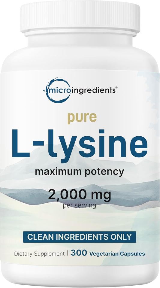 Pure L-Lysine 2,000mg, 300 Veggie Capsules | Maximum Potency, Easily Absorbed, Free Form | Essential Amino Acid for Collagen, Lip, & Immune Support | Clean Ingredients Without Fillers