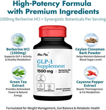 GLP-1 Supplement – High Potency Berberine HCl 1500mg with Ceylon Cinnamon, Green Tea & Cayenne Extract – Supports Appetite Control, Gut Balance & Metabolism – 90 Capsules