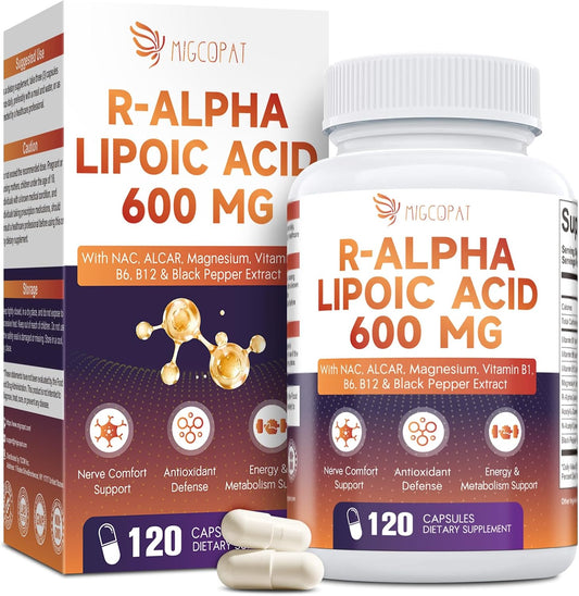Migcopat R-Alpha Lipoic Acid 600mg, Neuropathy Supplements with ALCAR, NAC, Magnesium, Active B-Vitamins | Antioxidant for Energy & Nervous System Support, Non-GMO, Gluten Free, Vegan, 120 Capsules