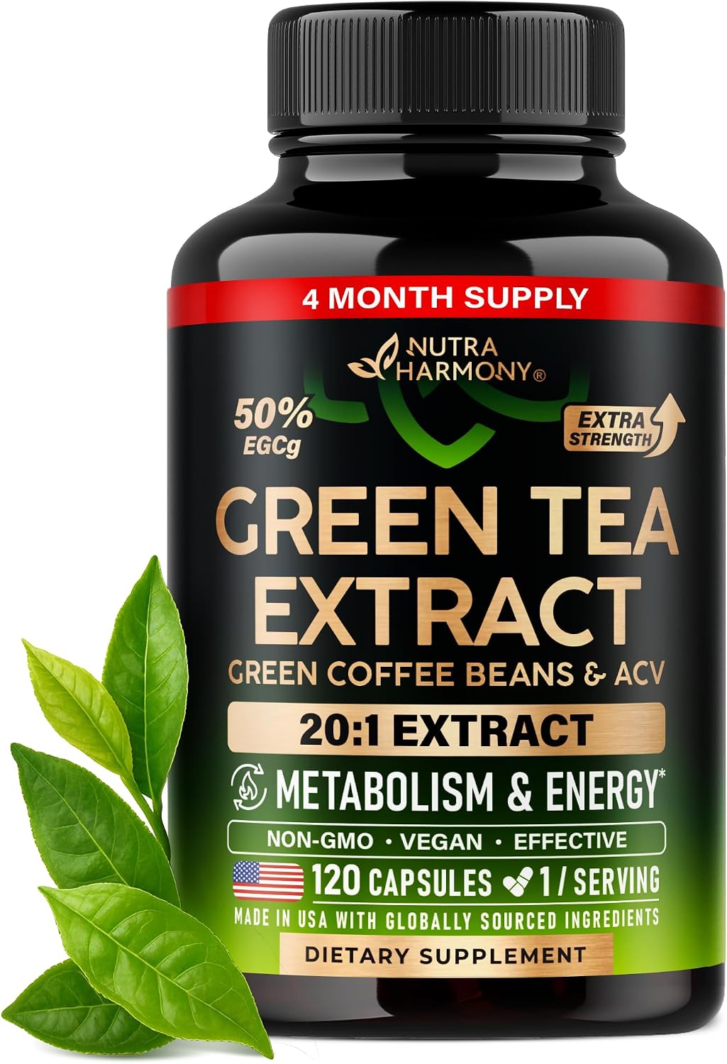 Green Tea Extract - 50% EGCG, Extra Strength 20:1 Extract - Natural Green Tea Supplement + Green Coffee Beans & Apple Cider Vinegar - Energy & Metabolism Support - for Men & Women - Vegan 120 Capsules
