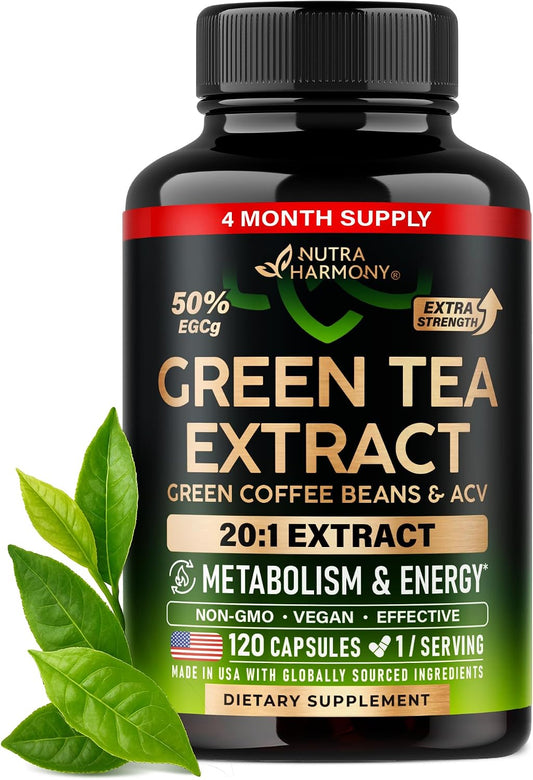 Green Tea Extract - 50% EGCG, Extra Strength 20:1 Extract - Natural Green Tea Supplement + Green Coffee Beans & Apple Cider Vinegar - Energy & Metabolism Support - for Men & Women - Vegan 120 Capsules