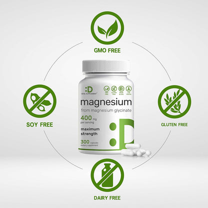 Magnesium Glycinate 400mg, 300 Capsules | 100% Chelated for Easy Absorption | Essential Mineral Supplement for Muscle, Sleep, & Heart Health*