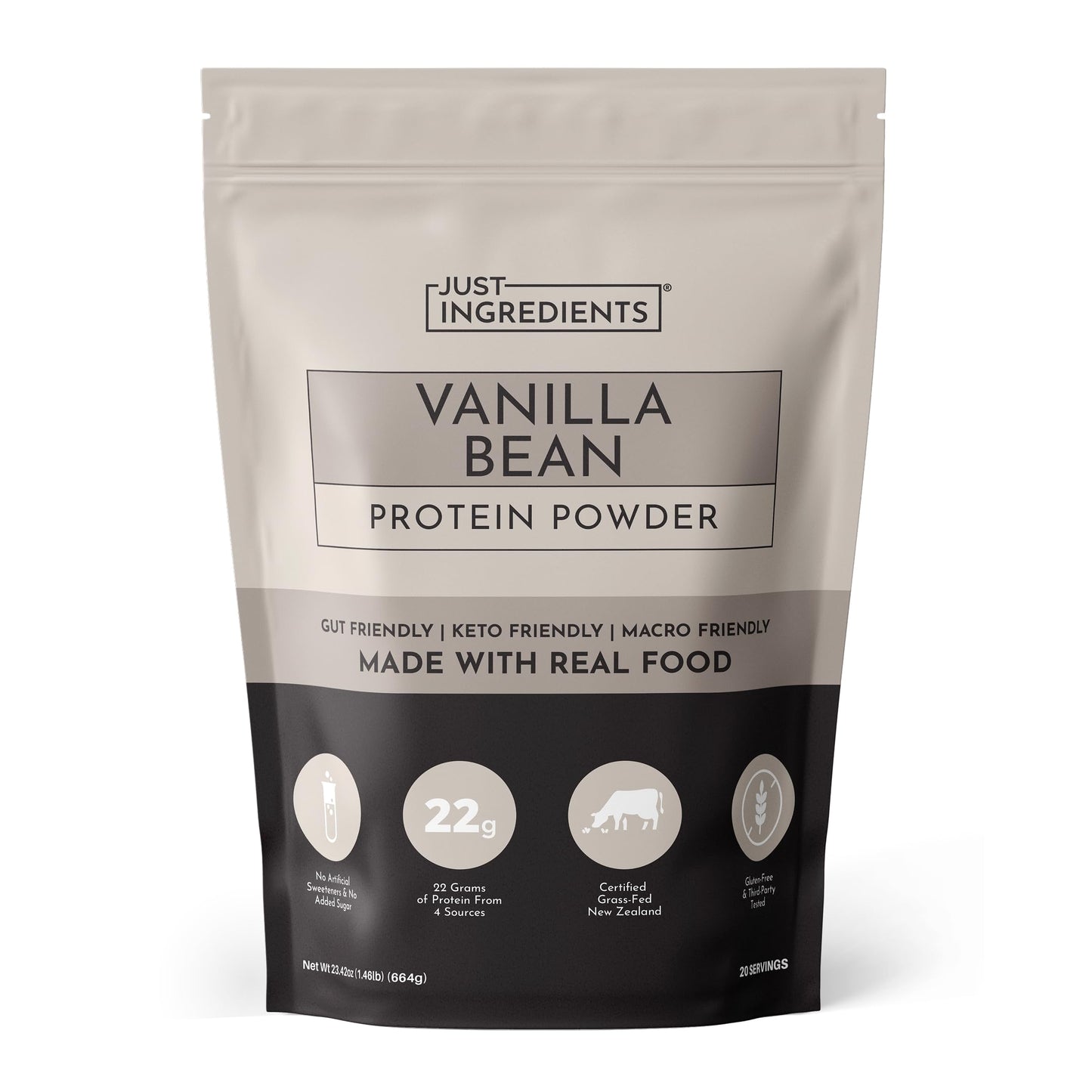 JUST INGREDIENTS Vanilla Bean Protein Powder – 20-Serving Blend with 100% Grass-Fed Whey & Organic Plant Proteins – Real Vanilla Bean & Cinnamon – Supports Muscle Recovery, Energy*