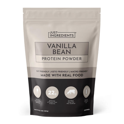 JUST INGREDIENTS Vanilla Bean Protein Powder – 20-Serving Blend with 100% Grass-Fed Whey & Organic Plant Proteins – Real Vanilla Bean & Cinnamon – Supports Muscle Recovery, Energy*