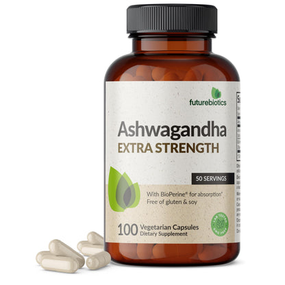 Futurebiotics Ashwagandha Extra Strength Stress & Mood Support 100 Capsules | Vegetarian, Non-GMO, Gluten-FREE, Soy-FREE, BioPerine for High Absorption