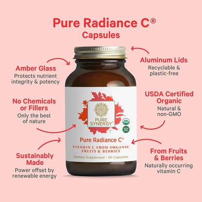 PURE SYNERGY Pure Radiance C | Organic Vitamin C Capsules | 100% Natural, Whole Food, Non-GMO Supplement with Organic Camu Camu | for Immune and Collagen Support (90 Capsules)