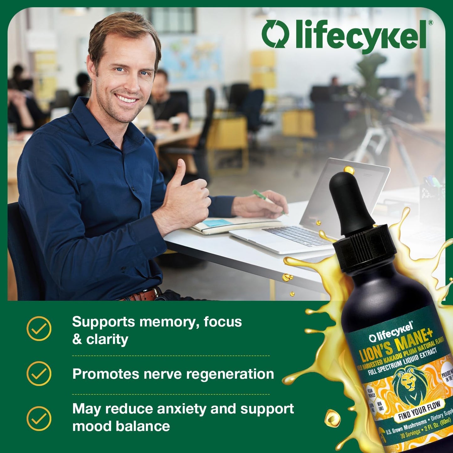 Life Cykel Cordyceps +Lion's Mane Extract Performance Pack - Organic Mushroom Supplement for Energy, Focus & Mental Clarity - USA Made, Pure & Potent Mushroom Liquid Drops for Adults