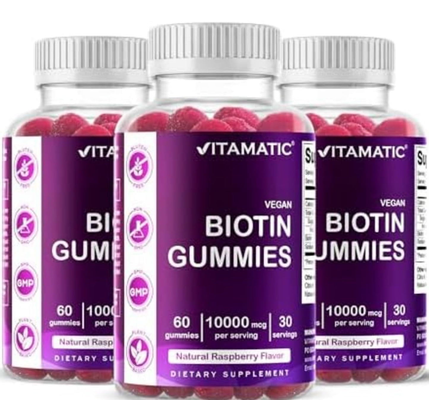 Vitamatic Biotin Gummies 10,000 mcg, 60 Vegan Gummies, Raspberry Flavor | 10000 mcg Per Serving, Natural Raspberry Flavor, Pectin Based, Non-GMO, Gluten Free, GMP Certified